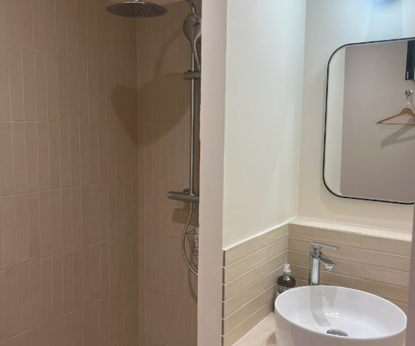 salle de bain privative de la chambre avec murs en pierre